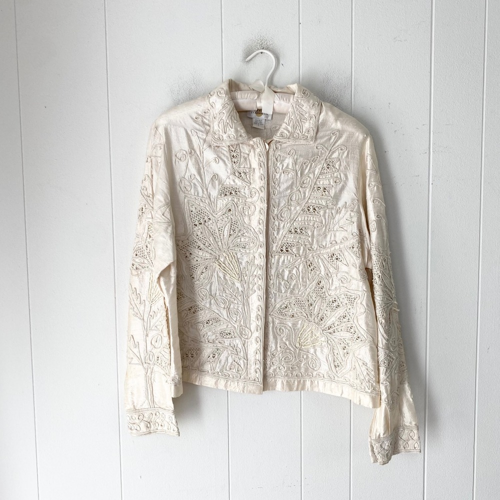 VTG Sandy Starkman Cream 3D Embroidered Silk Lace Button Front Jacket Size M/L
